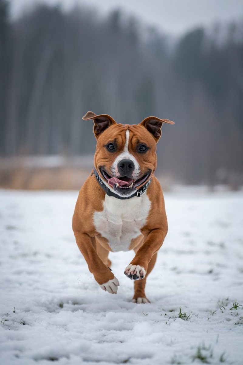 A Staffordshire Bull Terrier joyfully running in the snow.