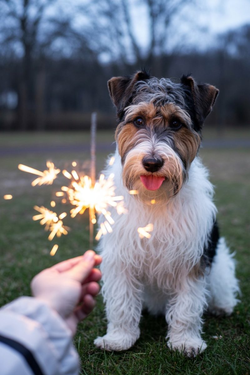 A Wire Fox Terrier dog sitting on grass at dusk looking at a lit sparkler that creates bright golden sparks.