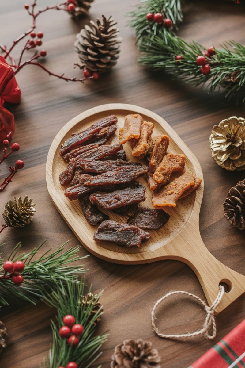 A wooden platter with beef and veggie jerky pieces, surrounded by festive decorations like a wreath and pinecones.