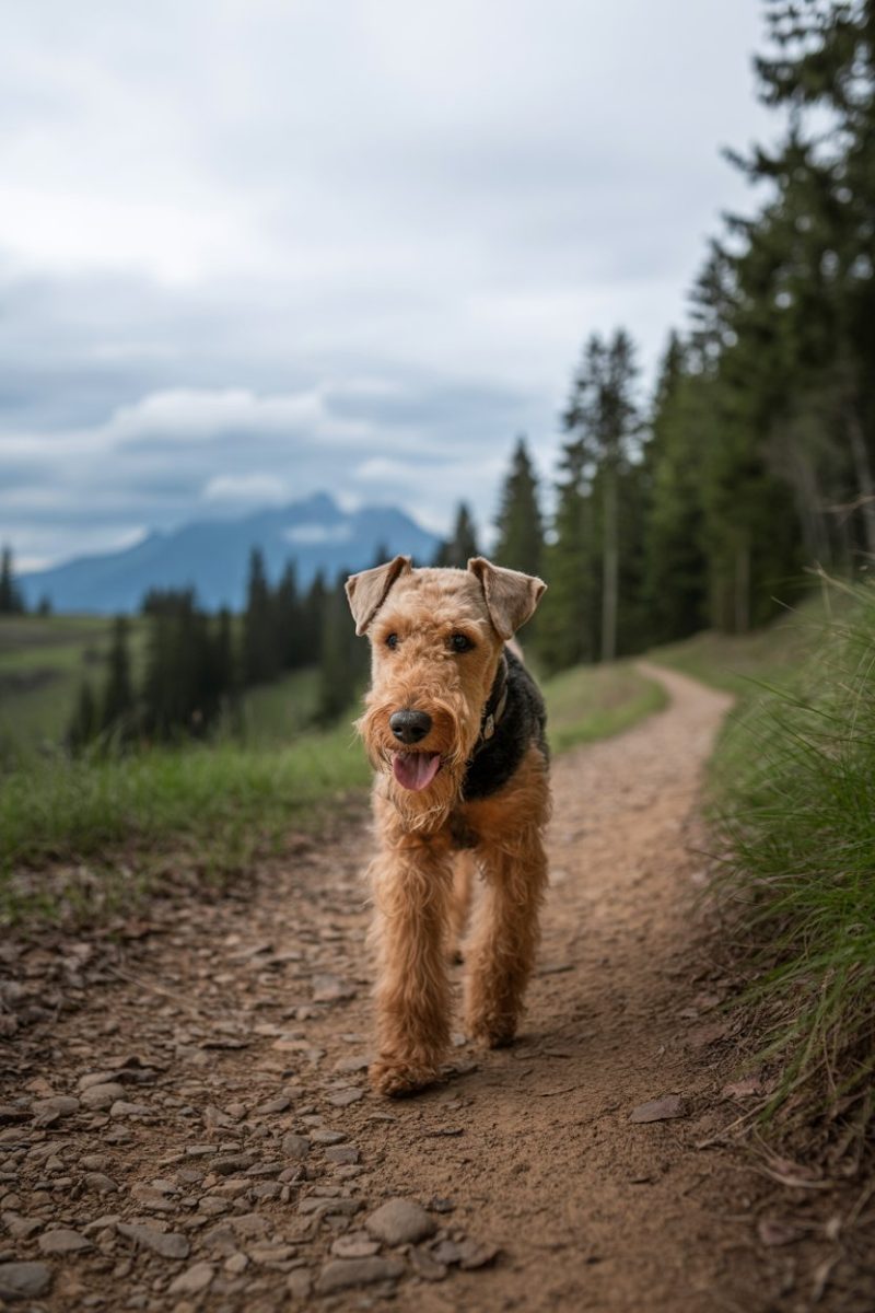 A happy Airedale Terrier dog walking on a dirt hiking trail in a mountainous setting.