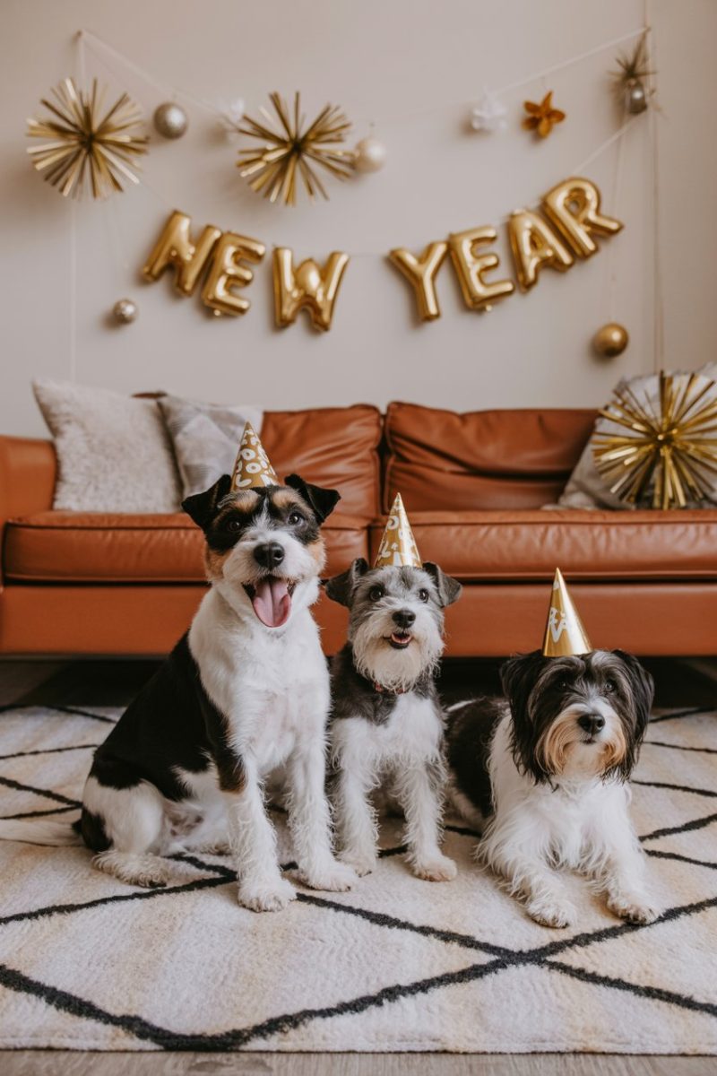 New Year's photo of three dogs sitting on a black and white geometric patterned rug in front of a brown leather couch.