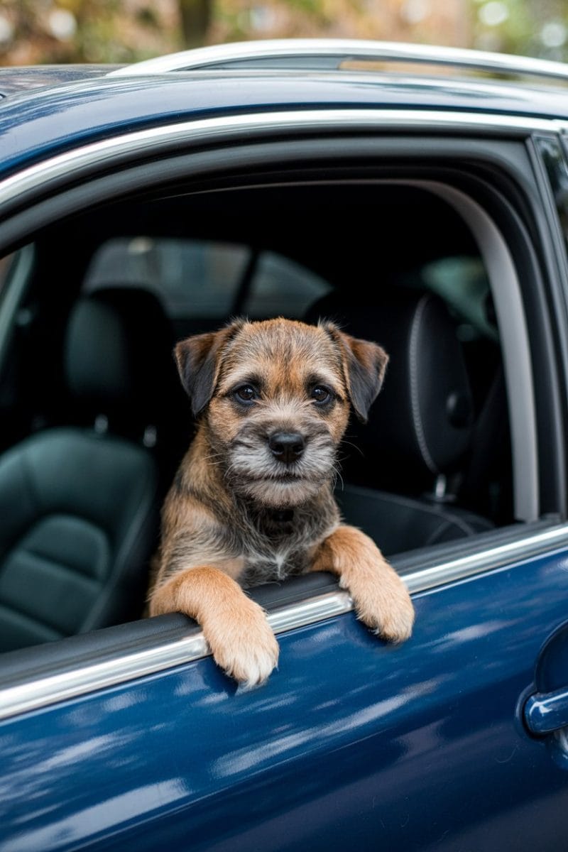 A Border Terrier dog peers out of a blue car window with its front paws resting on the window frame.