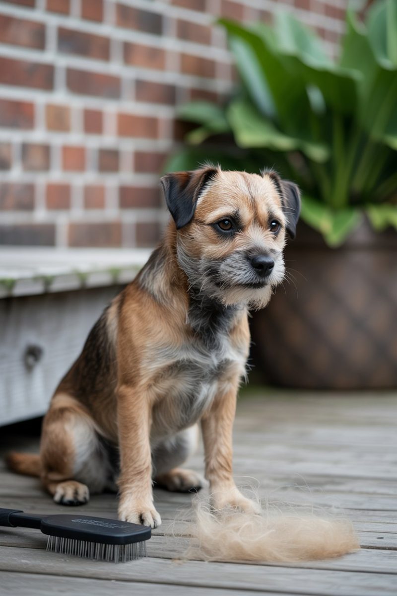 A Border Terrier sitting on gray wooden decking with a black pet grooming brush with bristles, and there is a pile of recently cut tan-colored fur beside it.