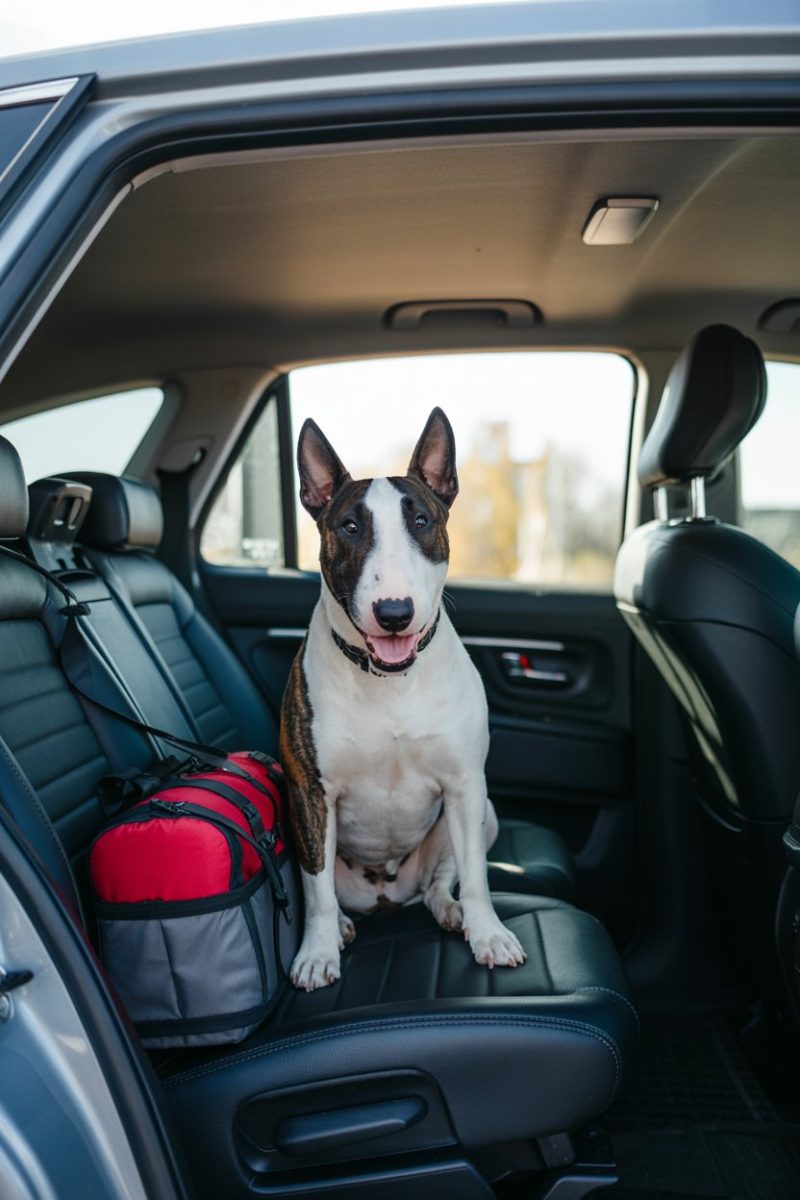 A Bull Terrier dog sitting upright in the back seat of a car.