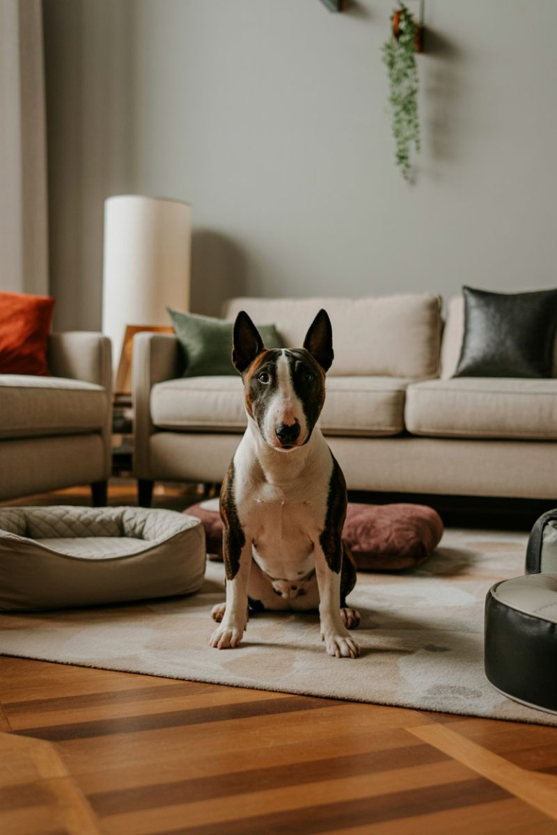 A Bull Terrier dog sitting upright on a light beige area rug in a modern living room.