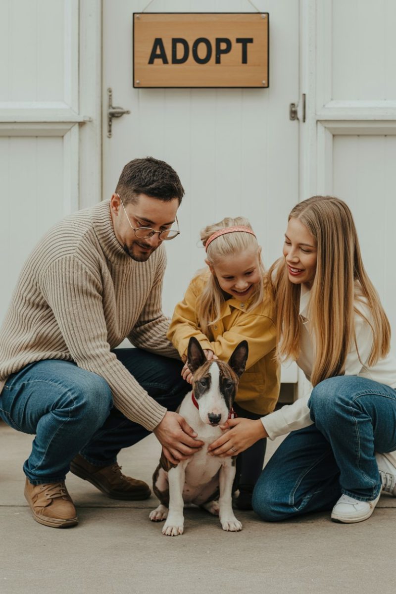 A caucasian family - a man, a young girl, and a woman - crouching down to interact with a bull terrier mix dog in front of a white door.