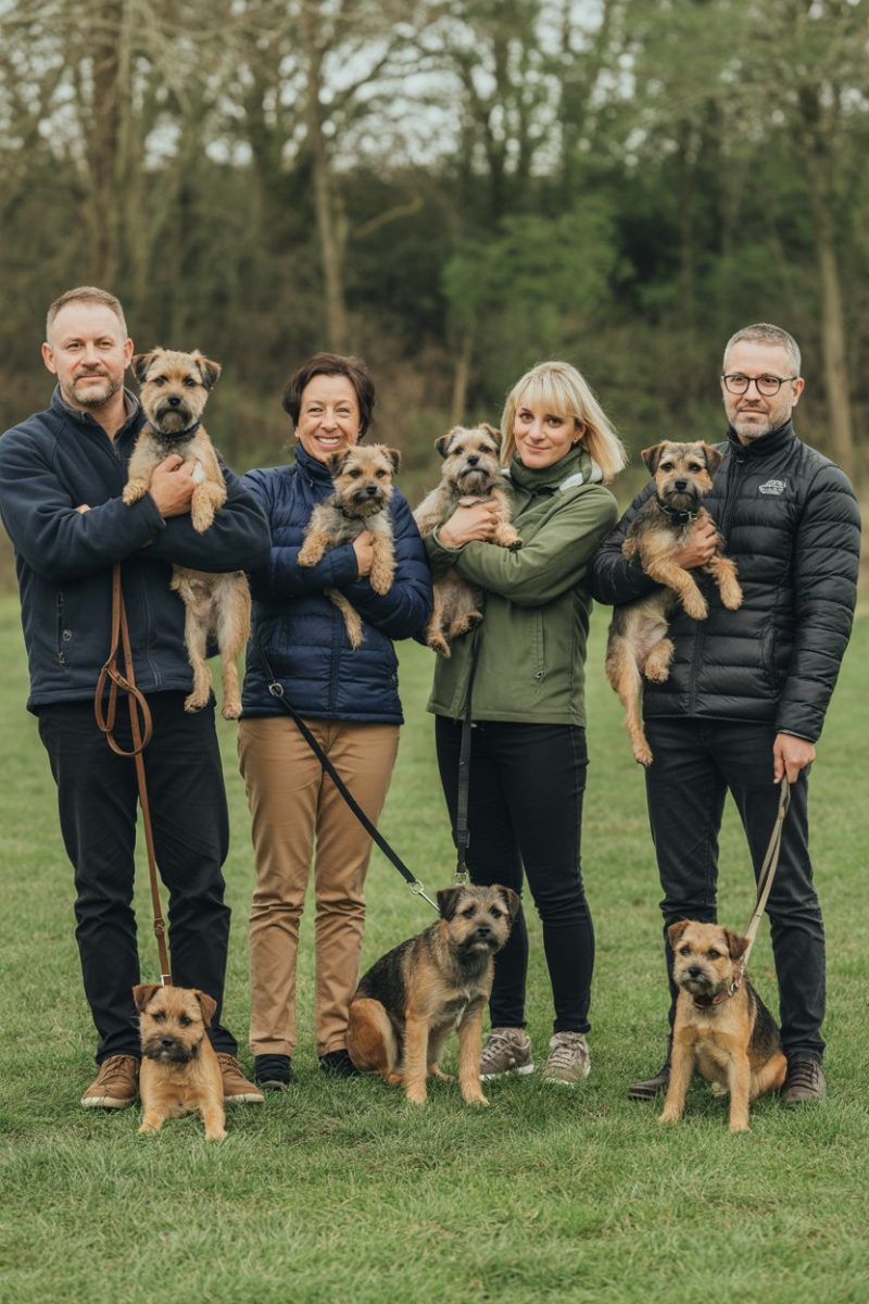 Five people - three men and two women - standing in a line on a grassy field, each holding Border Terrier dogs.