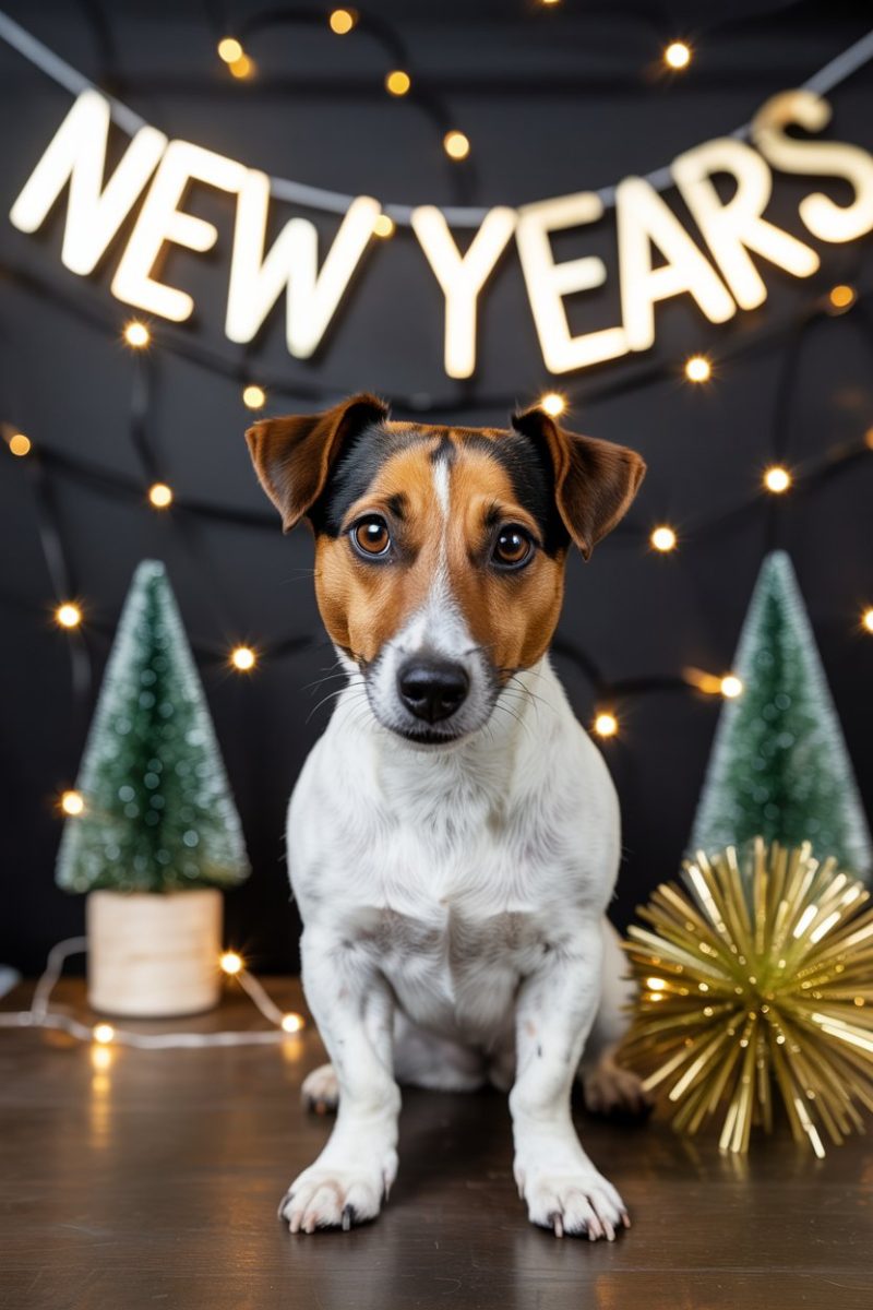 A Jack Russell Terrier dog sitting upright on a dark wooden floor with a a string of warm white fairy lights spells out "NEW YEARS" in capital letters.