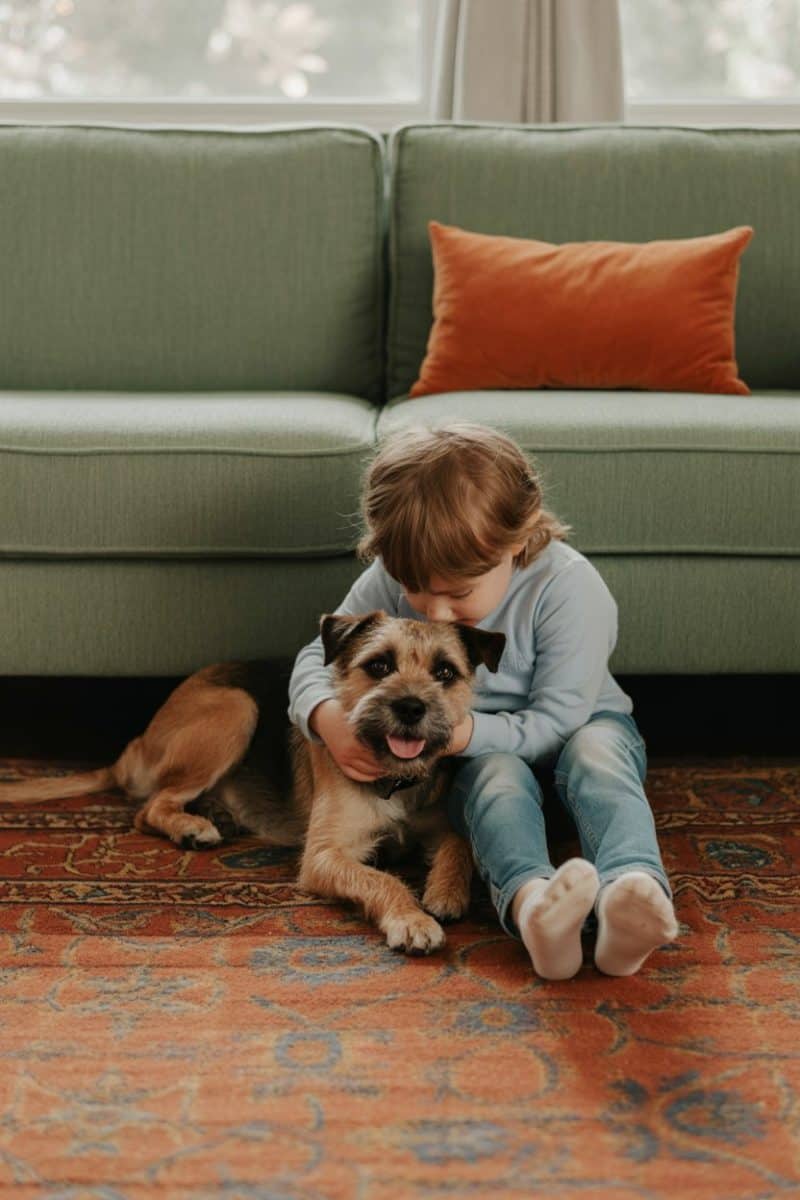 A young child in a light blue long-sleeve shirt and blue jeans sitting on a vintage patterned carpet, interacting with a happy brown and black Terrier mix dog.