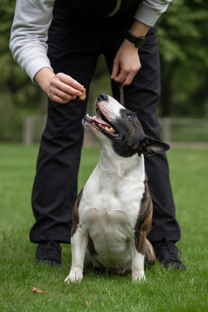 A happy English Bull Terrier dog sitting on green grass, looking up at a person's hands holding a treat.