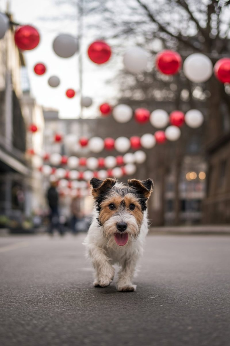 A happy Jack Russell Terrier dog walking on a paved street, with decorative string lights with alternating red and white spherical lanterns creating a festive canopy effect.
