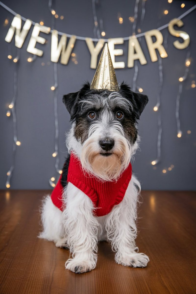 A black and white schnauzer mix dog wearing a red sweater and a gold party hat, sitting on a polished wooden floor.