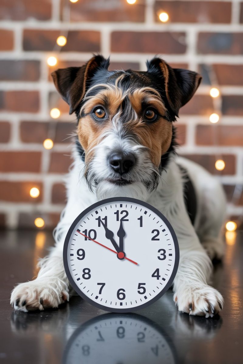A Jack Russell Terrier dog lying down on a dark reflective surface, holding a large analog clock in its front paws.