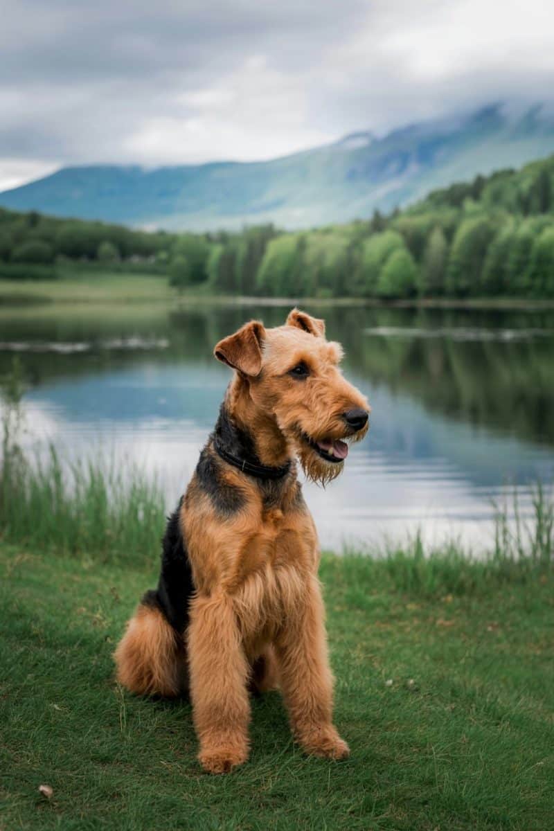 An Airedale Terrier dog sitting alertly on green grass in front of a serene lake and mountain landscape.