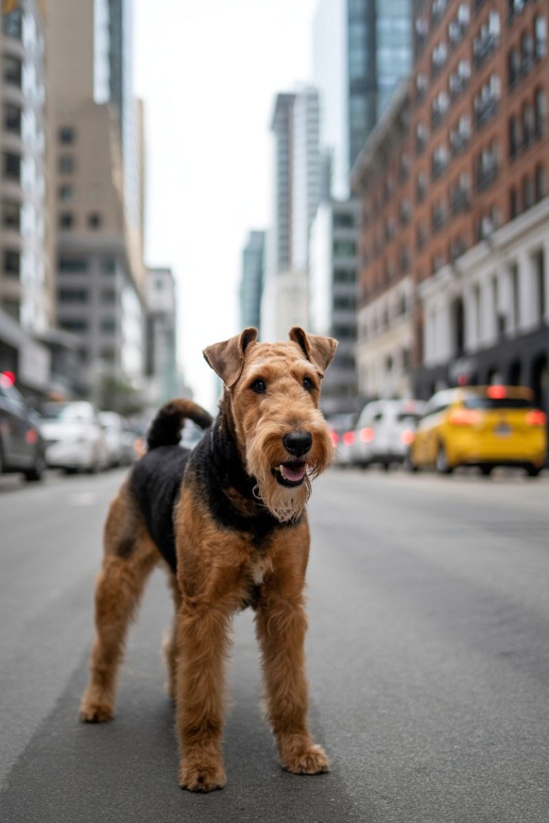An Airedale Terrier dog standing on a city street.