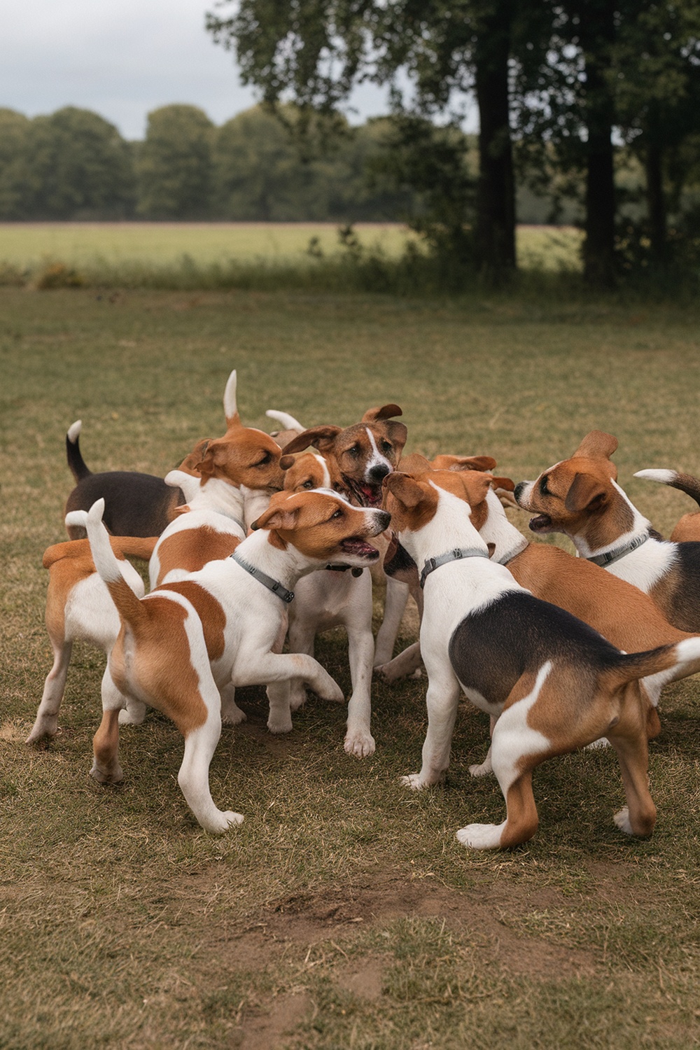 A group of playful puppies interacting in a grassy field.