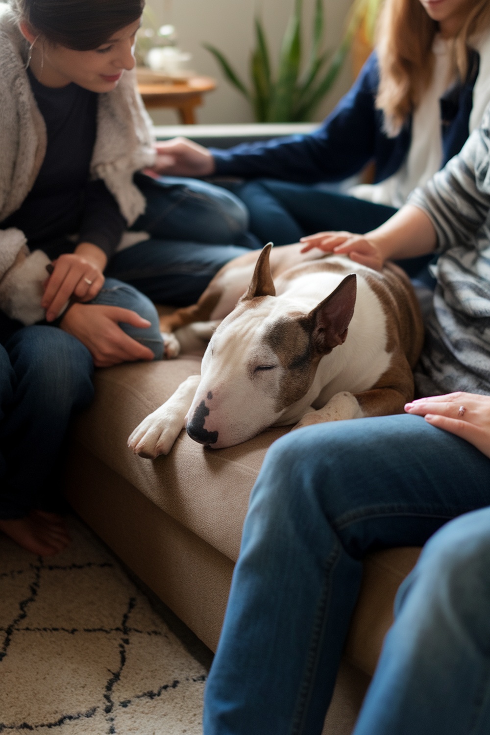 A Bull Terrier resting comfortably while surrounded by people.