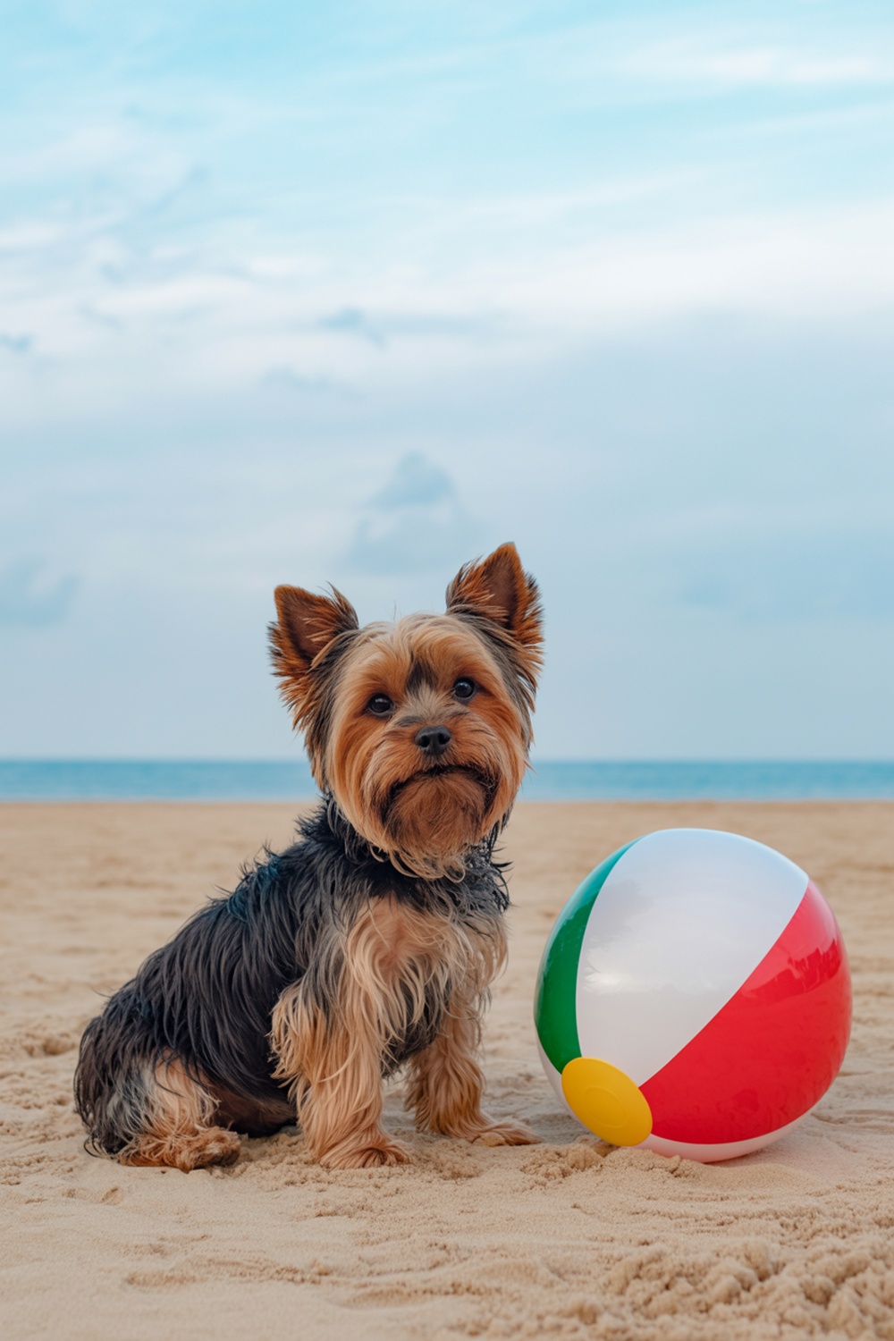 A Yorkshire Terrier sitting on the beach next to a colorful beach ball.