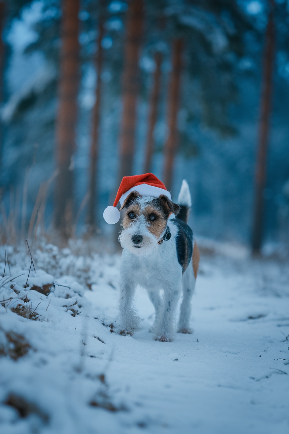 A terrier dog wearing a Christmas hat in a snowy forest