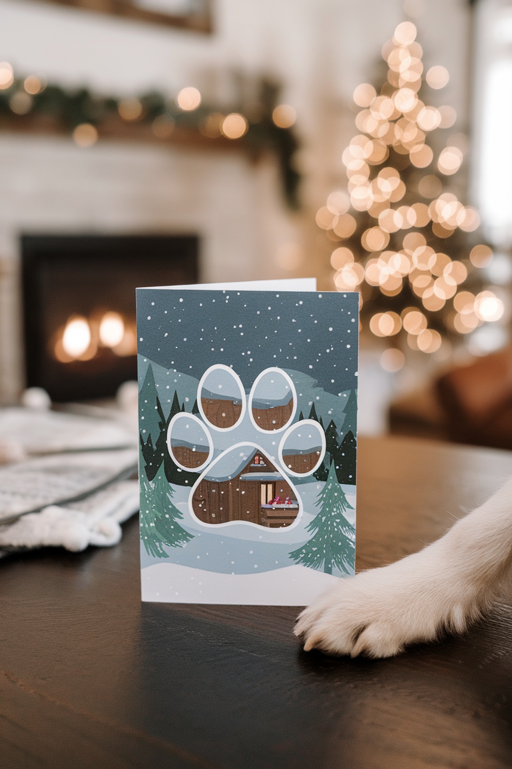 A festive Christmas card featuring a paw print design, placed on a table with a cozy background.