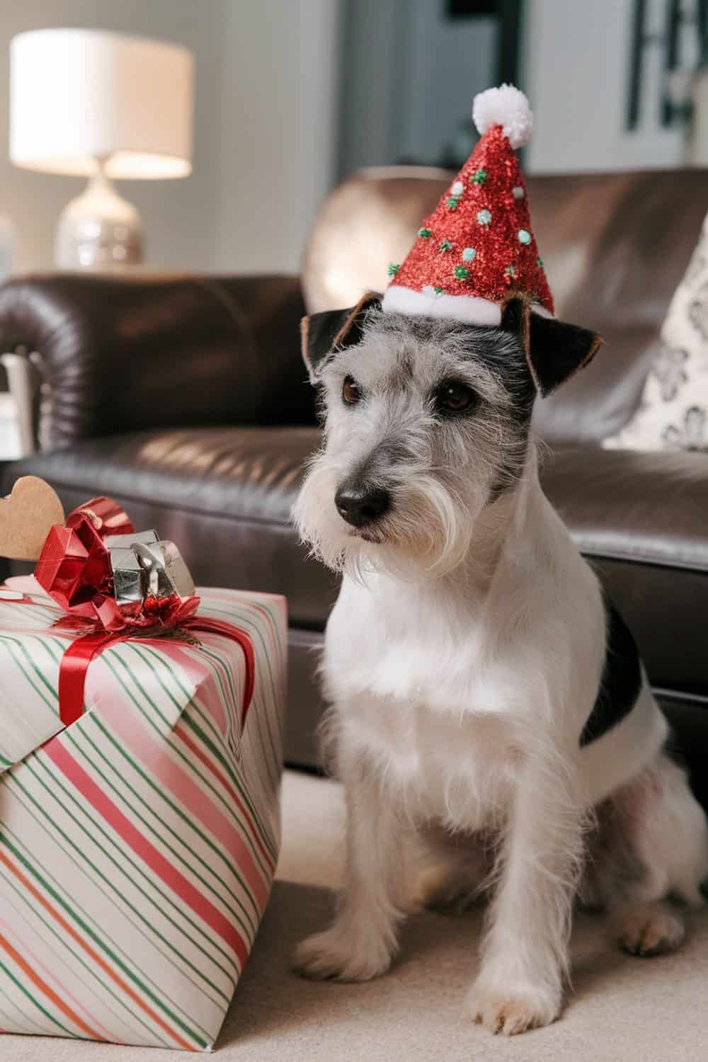 A terrier dog wearing a Christmas hat sits beside a wrapped present.