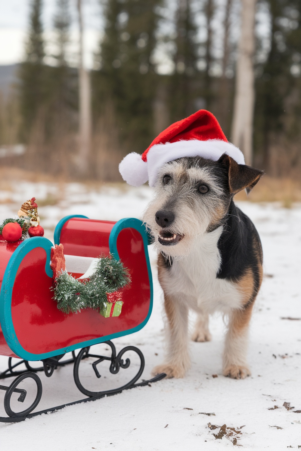 A terrier dog wearing a Santa hat beside a colorful sleigh in a snowy setting.