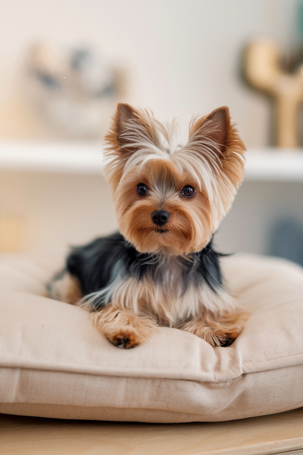 A Teacup Yorkie with a soft undercoat and trimmed top, sitting on a cushion.