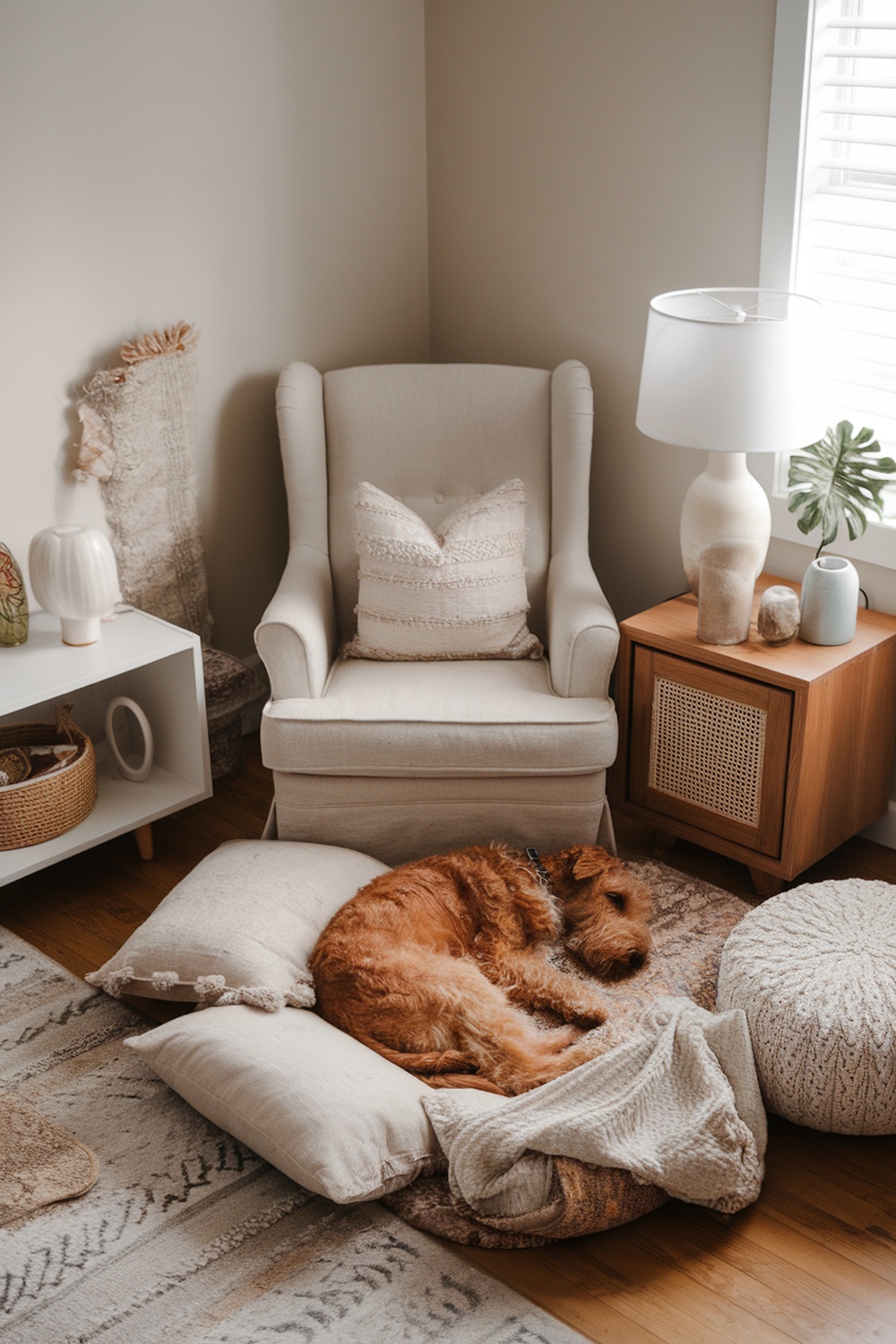 Airedale Terrier sleeping on pillows in a cozy corner.