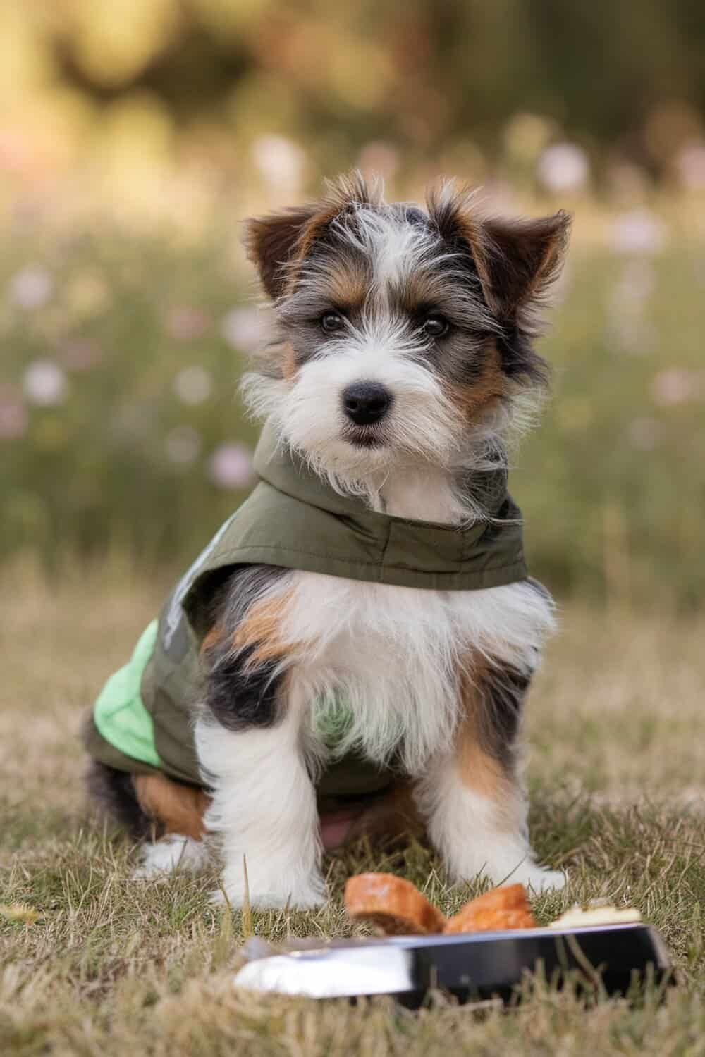 A cute Border Terrier puppy wearing a green jacket, sitting on grass with food in front.