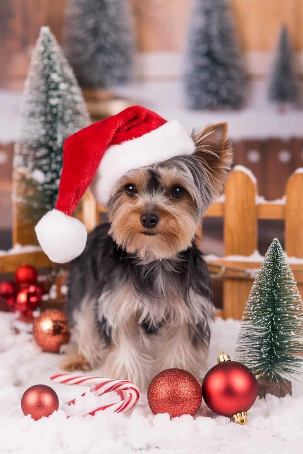 Yorkshire Terrier wearing a Santa hat in a Christmas setting with ornaments and trees