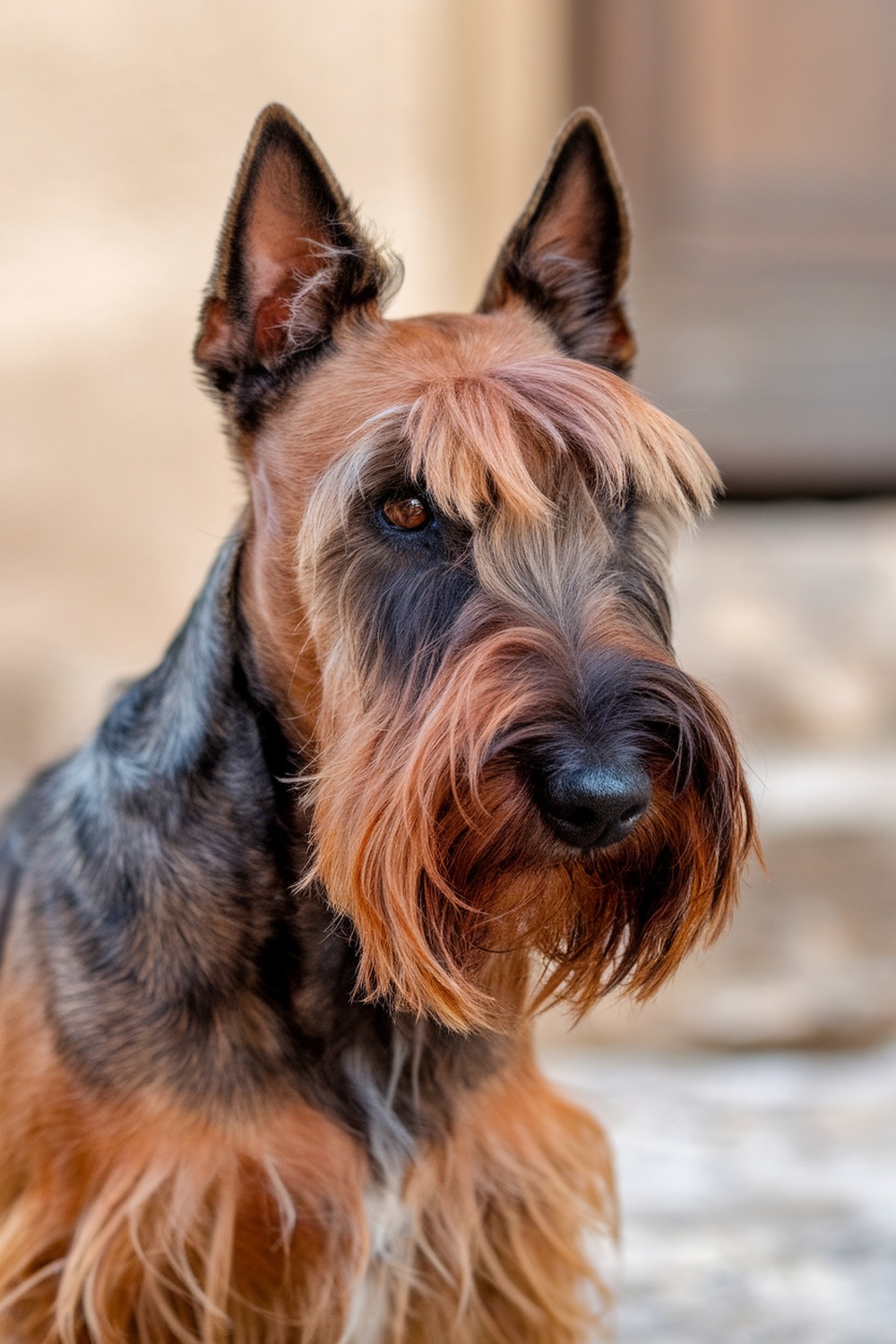 A close-up of a Scottish Terrier with a distinctive coat and expressive eyes.