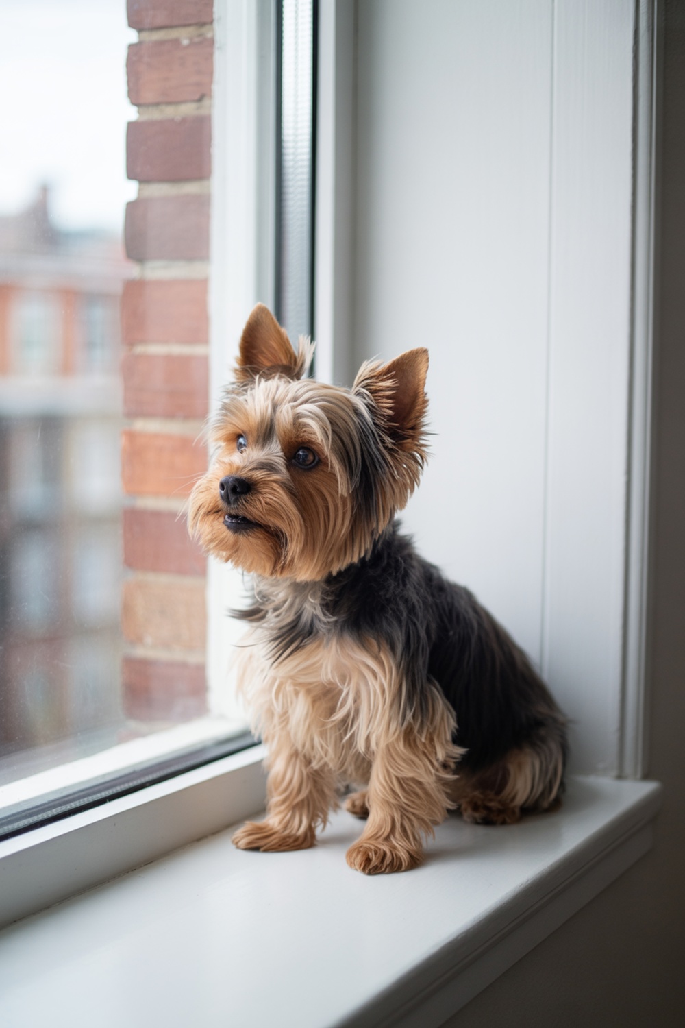 A Yorkshire Terrier sitting on a windowsill, looking outside.