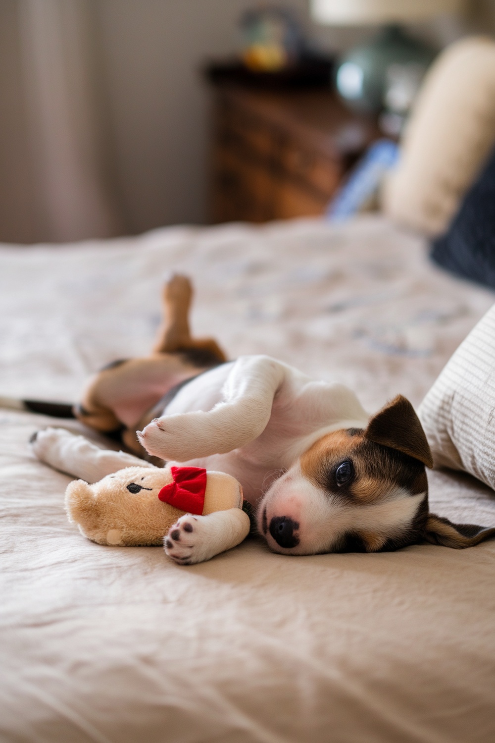 A playful puppy lying on its back with a toy, showcasing the bond between them.