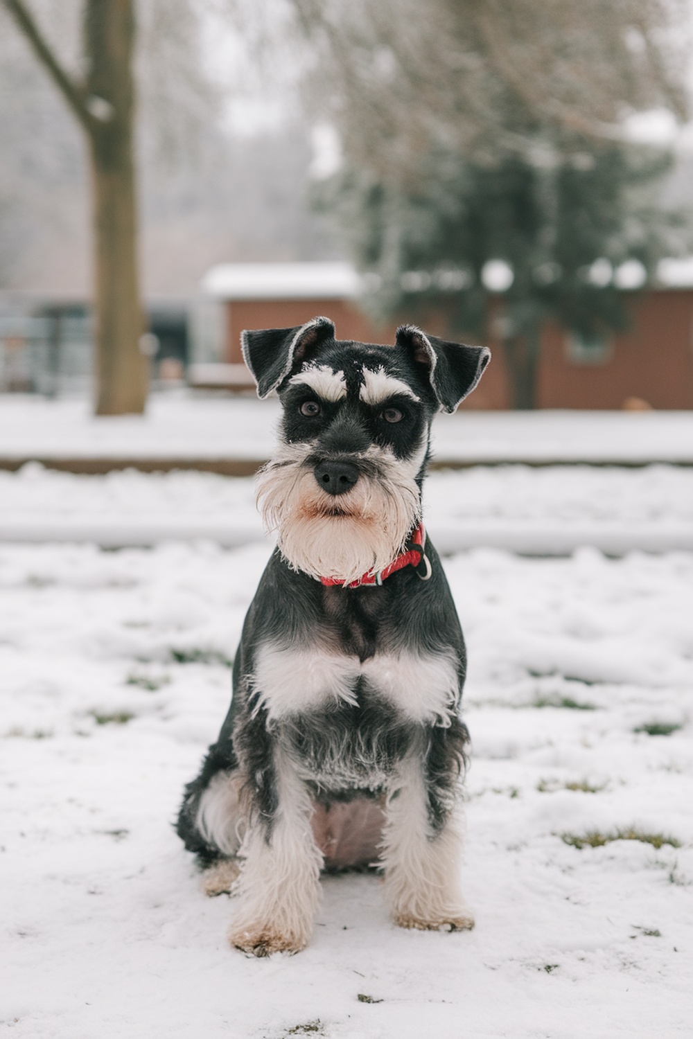 A Miniature Schnauzer sitting in the snow, looking playful and curious.