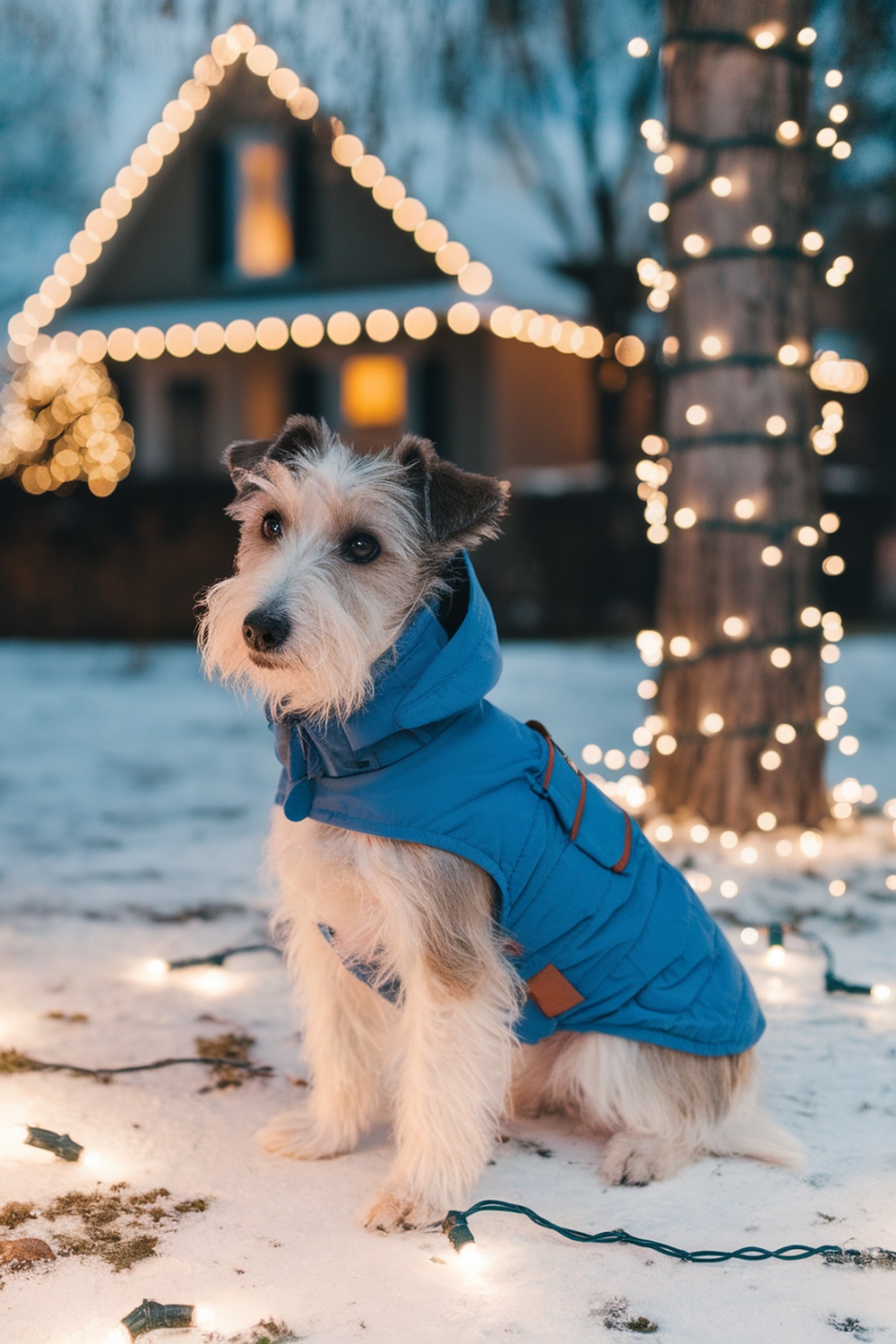 A terrier wearing a blue winter coat in a snowy setting with holiday lights.