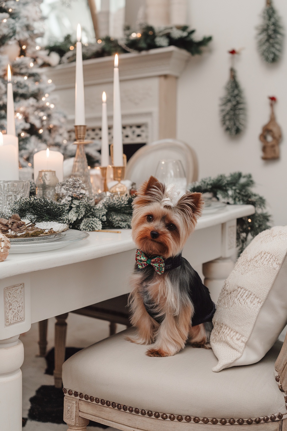 A Yorkie Terrier wearing a holiday bow tie, sitting at a beautifully decorated table with candles and festive decor.
