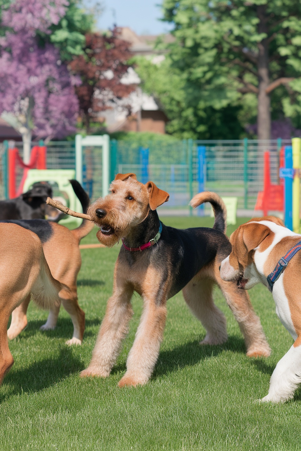 Airedale Terrier playing at a dog park with other dogs.