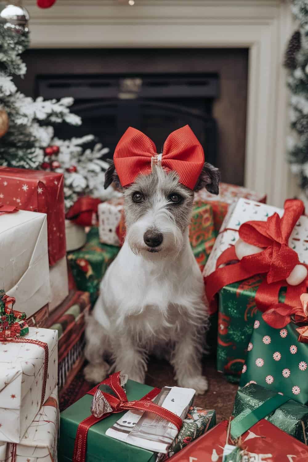 A terrier dog wearing a red bow, surrounded by Christmas gifts.