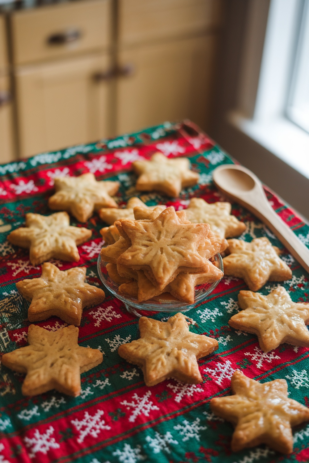 Peanut butter and honey cookies shaped like snowflakes on a festive tablecloth.
