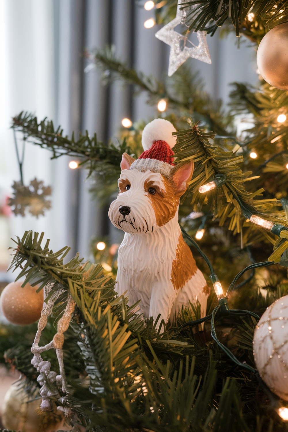 Dandie Dinmont Terrier ornament wearing a red and white hat on a Christmas tree.