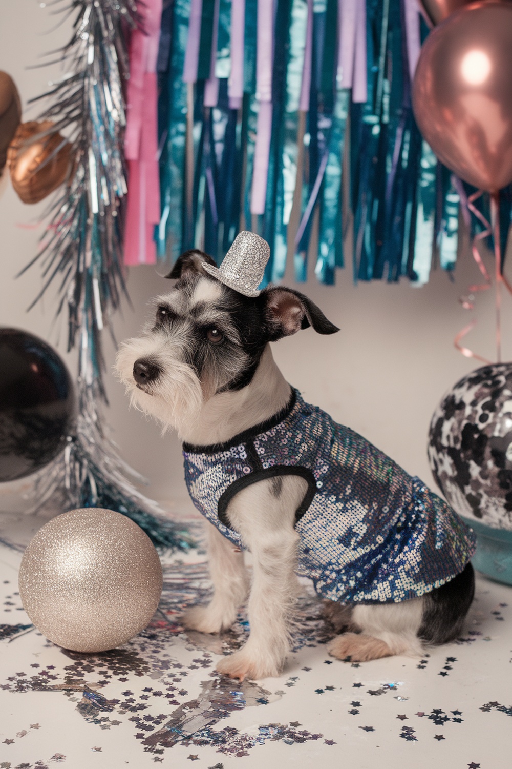 A stylish terrier dog wearing a sequin dress and a small party hat, surrounded by festive decorations.