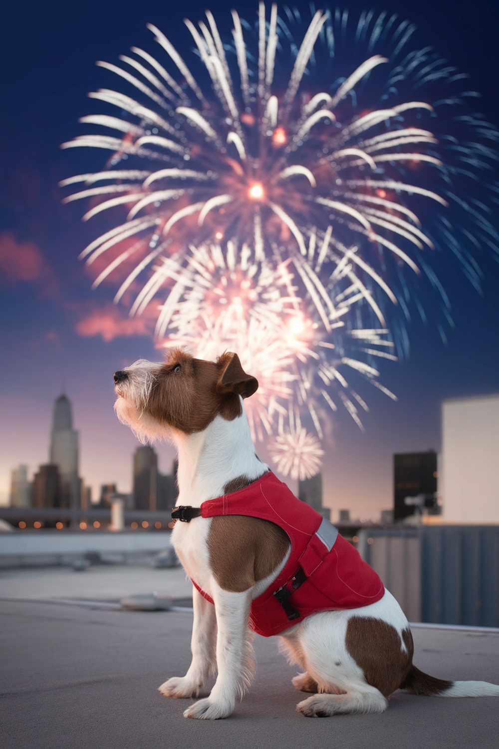 A terrier in a red vest sitting in front of colorful fireworks on New Year's Eve.