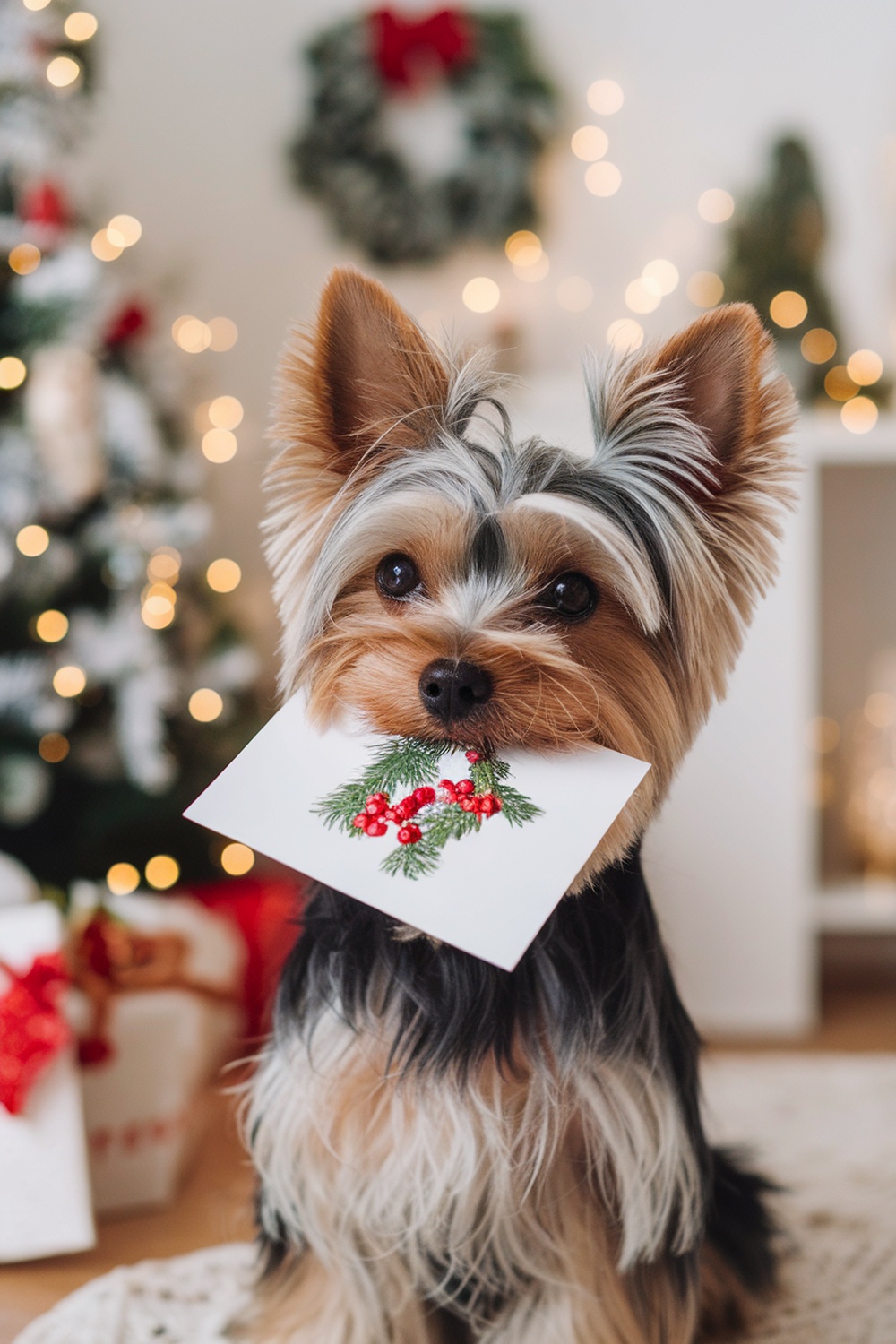 Yorkshire Terrier holding a Christmas card with festive decorations in the background