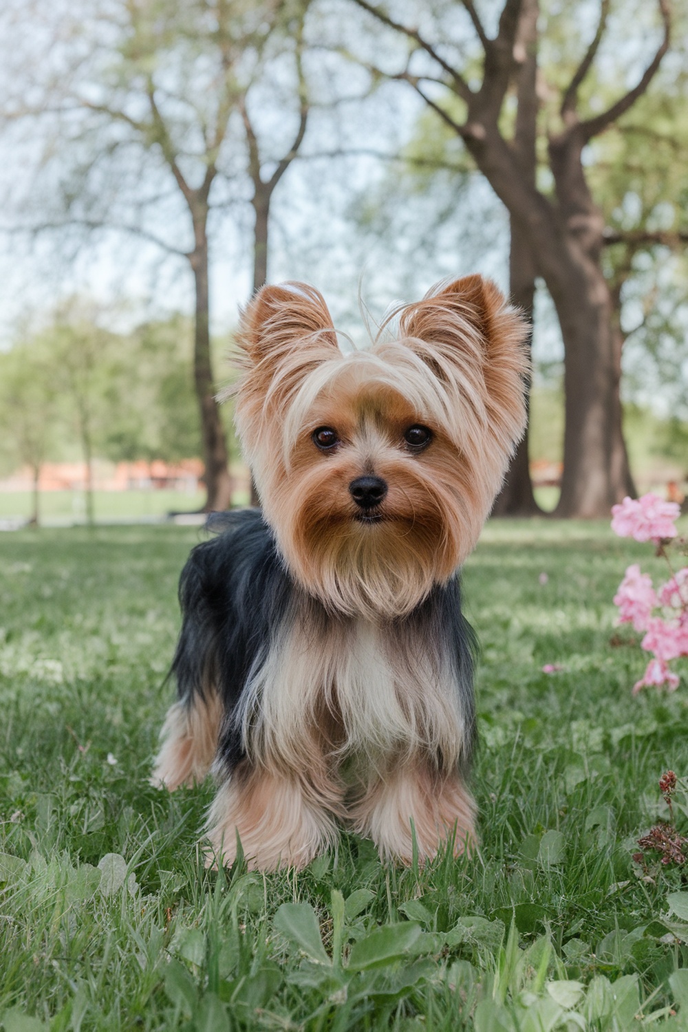 Teacup Yorkie with a fluffy lion cut in a grassy area.