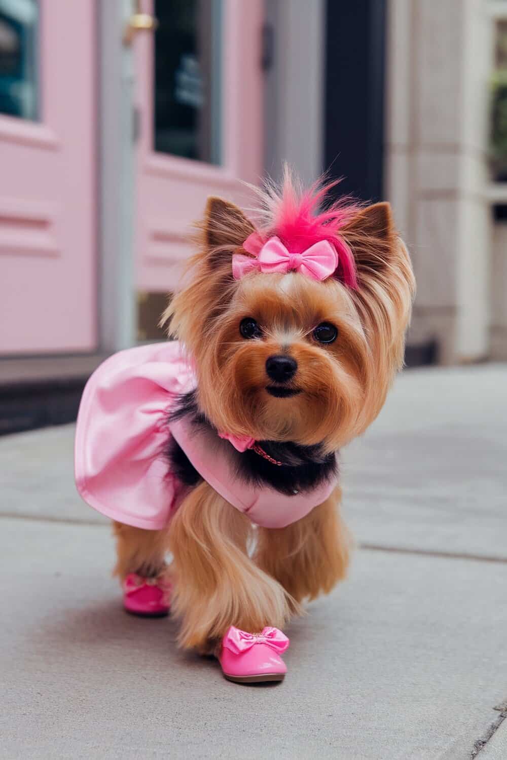 Teacup Yorkie with a pink mohawk and matching outfit