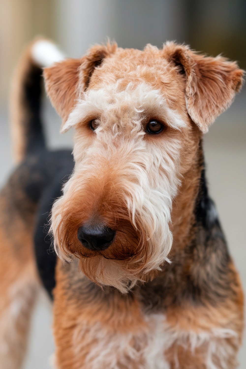 Close-up of an Airedale Terrier's face showcasing its distinctive coat.