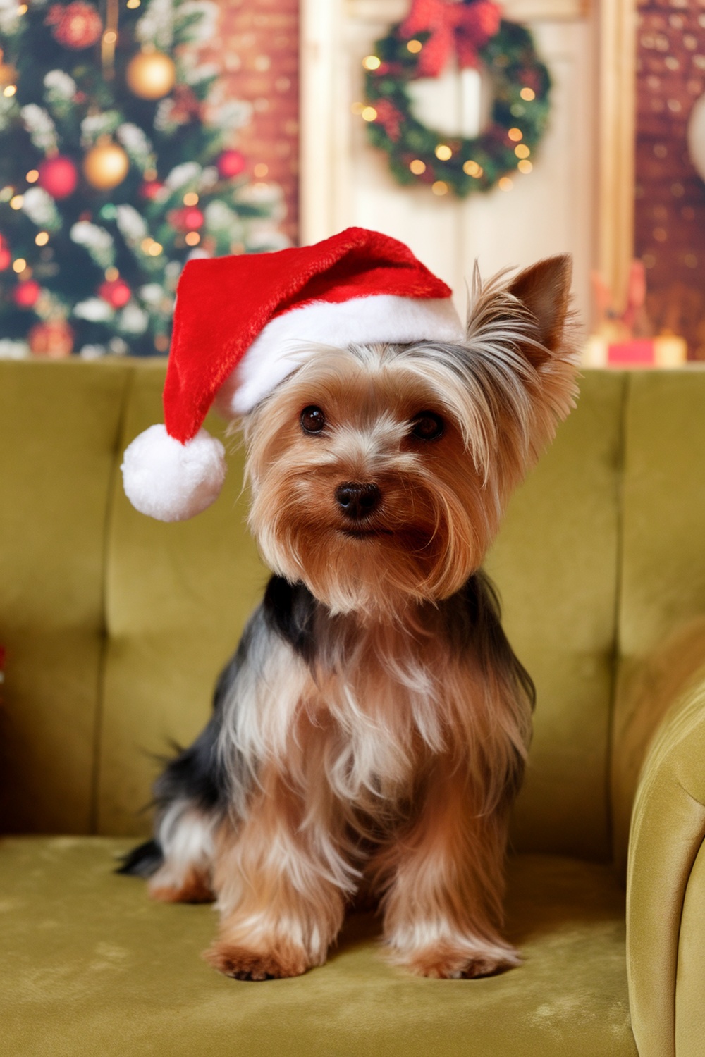 Yorkshire Terrier wearing a Santa hat sitting on a green couch