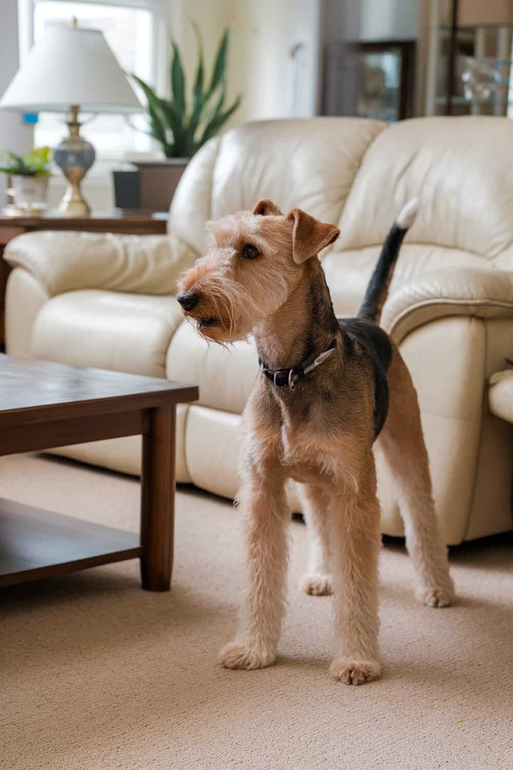 Airedale standing in a living room, showcasing its attentive nature.