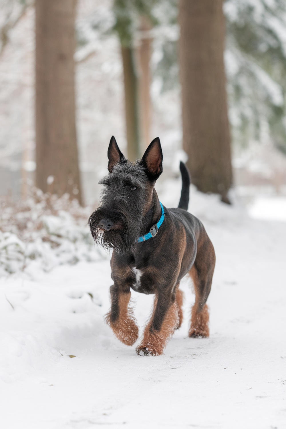 A Scottish Terrier walking in the snow
