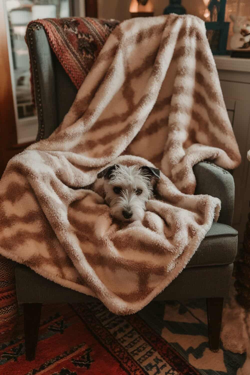 A small terrier dog wrapped in a warm blanket on a chair.